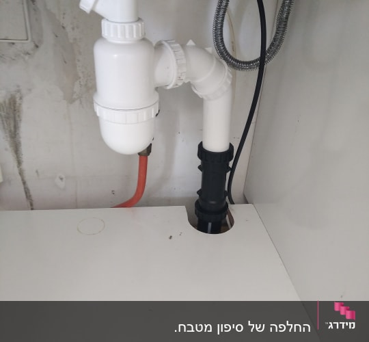 צנרת פלסטיק לבנה מתחת לכיור עם חיבורים
